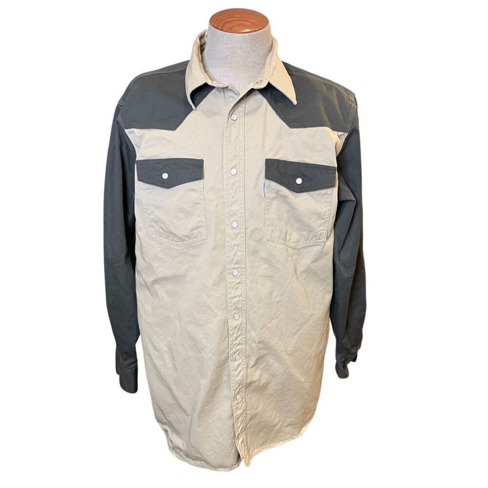 Carhartt Ironwood Twill Pearl Snap Button Up Work Shirt Mens XL Tall Khaki Moss